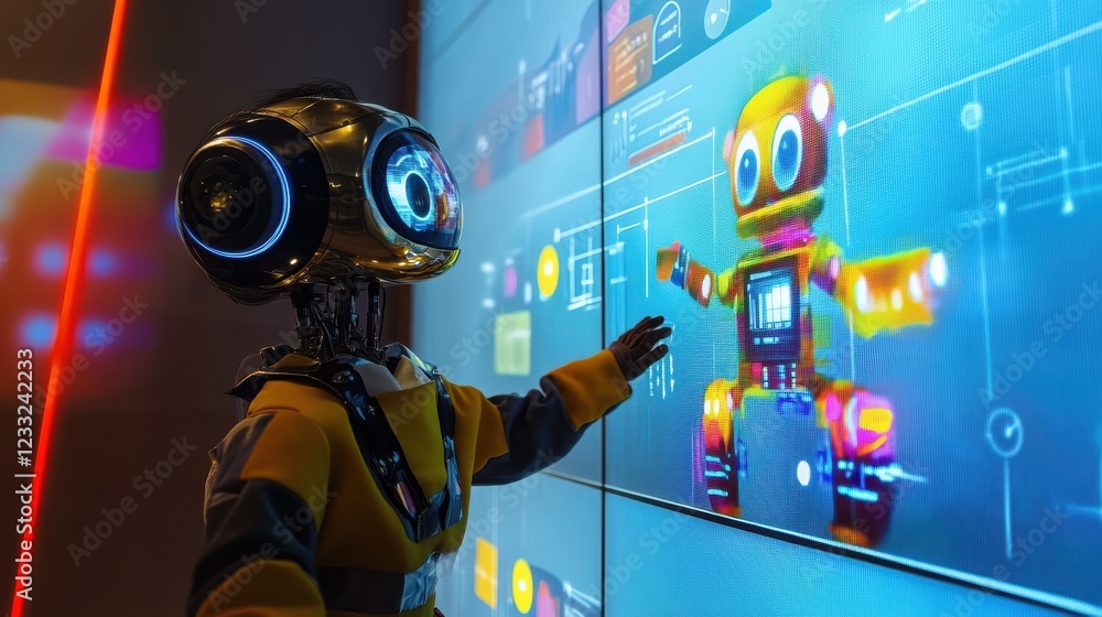 Poster futuristic robot interaction with digital interface technology display
