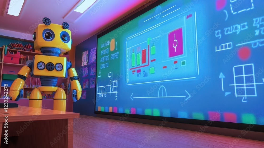 Poster colorful classroom with robot and interactive learning screen