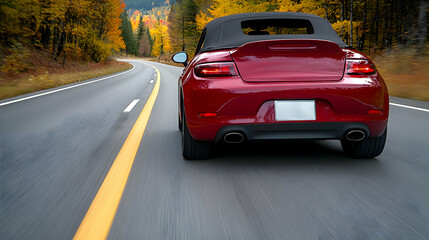 Red convertible drives scenic autumn road