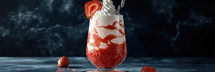 Strawberry smoothie drink, whipped cream, dark background. Food photography for menu