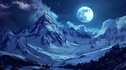 Majestic moonlit mountain captivating scene of snowcovered peaks under bright lunar glow. Moonlit Ridge. Illustration