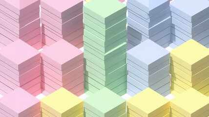 Fototapeta premium A vibrant arrangement of pastel-colored boxes stacked in a geometric pattern, creating an abstract visual feast.