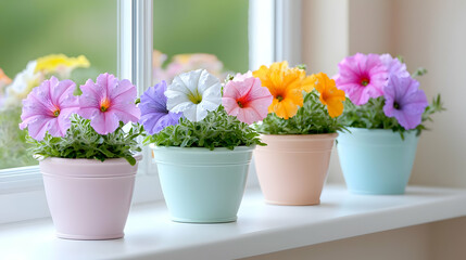 Fototapeta premium Colorful petunias in pastel pots on windowsill
