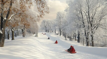 A snowy winter scene with people sledding down a hill.