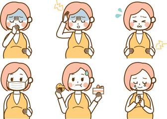様々な体調の妊娠中の女性のイラストセット