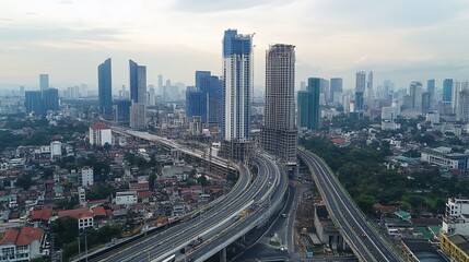 Cityscape with Under Construction Skyscrapers and Highway Overpasses in Urban Area
