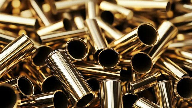 Empty brass bullet casings scattered on a surface representing firearm use and ammunition in a workshop setting
