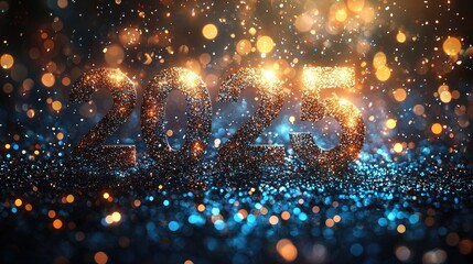 A sparkling representation of the year 2025 with glowing lights and a festive atmosphere.