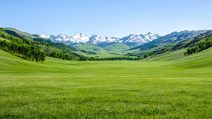 Fototapeta premium Lush green valley, snow-capped mountains, clear sky. Perfect for travel brochures
