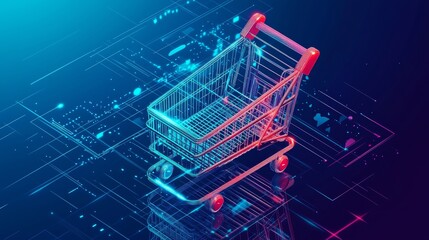 Explore the Future of Shopping with Our Dynamic 3D Illustration of a Miniature Shopping Cart Against a Striking Blue Background