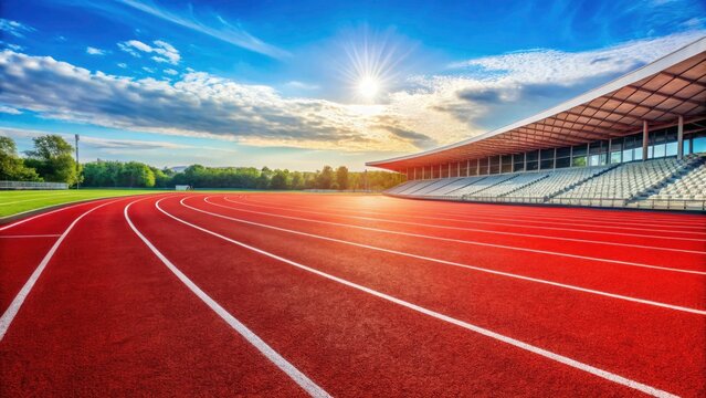 Vibrant Red Running Track in Stadium with Numbers, Sports Field, Athletic Competition, Fitness, Outdoor Stadium, Track and Field, Sport Event, Running Lane,