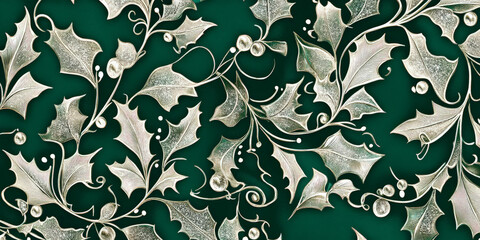 Rich emerald green and silver holly leaf pattern with festive motifs.