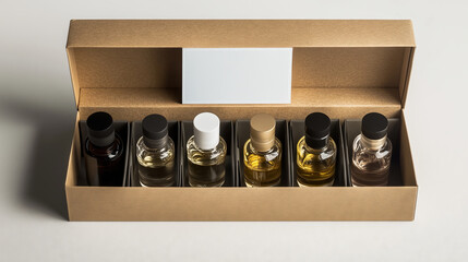 Rectangular bottles with dark stoppers and varying liquid colors, presented in a cardboard gift box.
