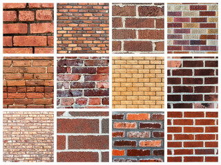 a stylish collage collection card showcases various brick wall surfaces, highlighting different textures, colors, and patterns, perfect for capturing the rustic, timeless beauty of brickwork