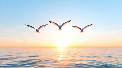 Obraz premium Three seagulls flying at sunset over calm ocean