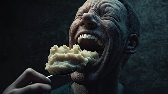 Man ravenously eating mashed potatoes, dark background, food craving concept