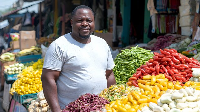 African vendor smiles at market, colorful produce