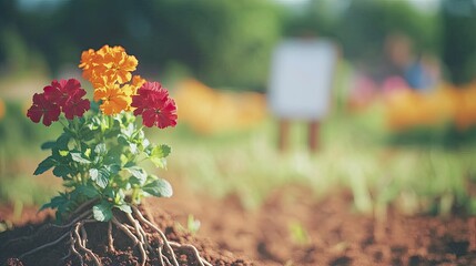 Colorful flowers planted in garden soil, blurred background