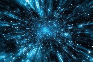 Abstract blue light streaks and particles converge at a central point. Ideal for technology, speed, and futuristic concepts.