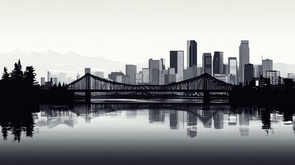 Fototapeta premium Black and White City Skyline with Bridge and Reflection at Dusk