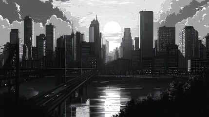 Fototapeta premium City Skyline at Sunset with Dramatic Clouds and Reflective Water