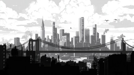 Black and White City Skyline with Bridge and Clouds at Dusk