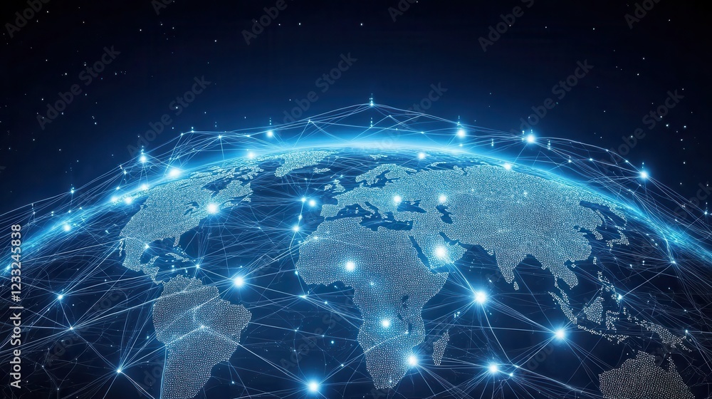 Poster global network visualization with interconnected digital nodes