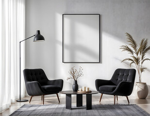 Modern living room mockup with blank frame and curved beige sofa Minimalist design with sculptural furniture and soft lighting 3D render