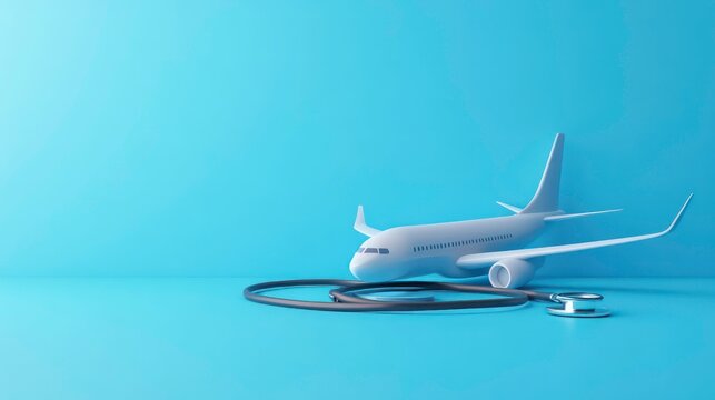 Plane model and medical stethoscope on blue background. 3d illustration