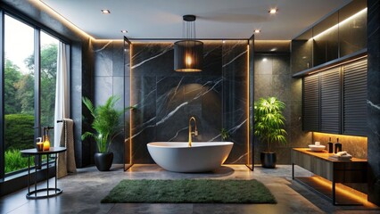 Luxurious Bathroom Interior Design with Matte Black Bathtub and Modern Shower - Elegant Night Photography