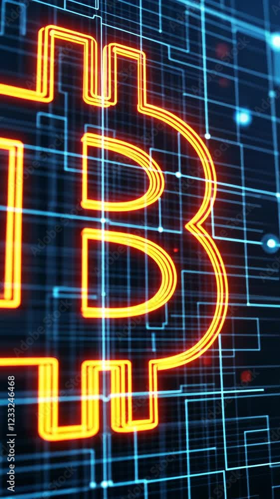 Poster bright bitcoin symbol glowing amidst digital patterns and lines representing cryptocurrency technolo