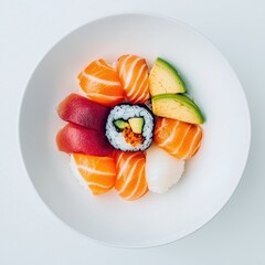 Salmon, tuna, avocado sushi bowl, overhead view, white background; restaurant menu