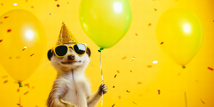 Cute funny meerkat wearing sunglasses and hat, holding happy birthday balloons against colorful confetti flying around. Vibrant yellow background banner greeting card invitation.