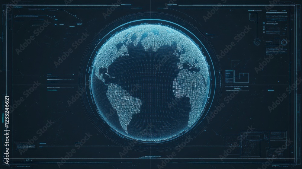 Poster digital globe visualization with futuristic tech elements and grids