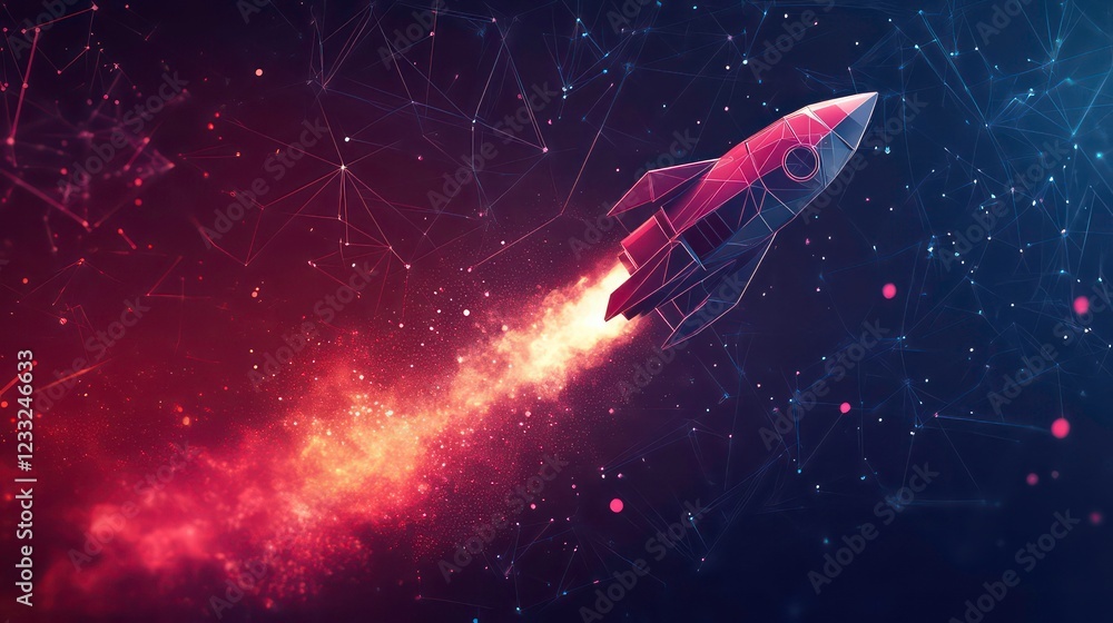 Poster polygonal wireframe mesh futuristic with rocket, sign on dark background. vector lines, dots and tri