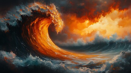 Fiery ocean wave crashing, sunset sky, dramatic art, fantasy