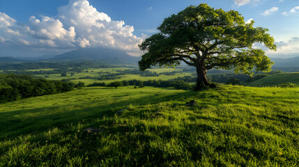 Obraz premium Lone tree on hilltop, mountain vista, summer sunlight, peaceful landscape, nature photography