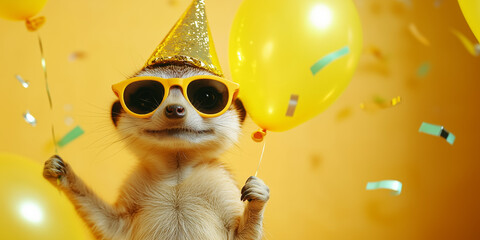 Cute funny meerkat wearing sunglasses and hat, holding happy birthday balloons against colorful confetti flying around. Vibrant yellow background banner greeting card invitation.