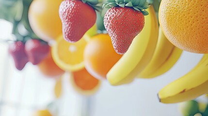 Fresh fruit hanging, vibrant colors, close-up, kitchen background, healthy food imagery