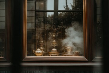 Antique tea set display, Parisian shop window, steam, city background