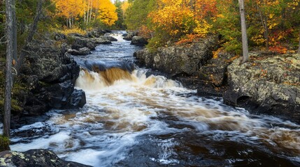 Autumn river scenery with yellow, orange, and green fall foliage on the bank, rocks and a small water fall