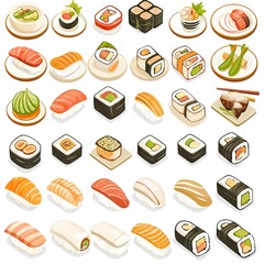 Assorted sushi types, isometric view, food illustration, restaurant menu