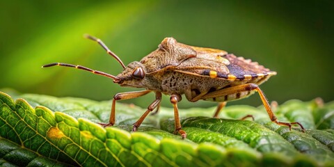 Fototapeta premium Minimalist Photography of Brown Marmorated Stinkbug on Leaf - Nature, Insect, Macro, Minimalism, Close-up, Natural Habitat, Textures,