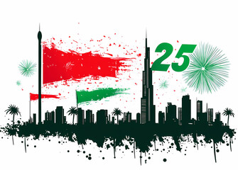 A Skyline of Celebration: A vibrant illustration depicting the Dubai skyline adorned with flags, fireworks, and festive elements celebrating a significant milestone. 