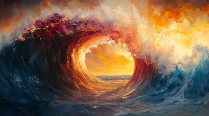 Ocean wave art, sunset sky, fiery colors, spiritual, canvas print