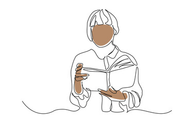 continuous line of a woman standing holding a book