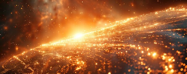 Naklejka premium A vibrant cosmic landscape depicting an illuminated planet with glowing particles.