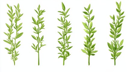 Fototapeta premium Five sprigs of fresh green herbs, vertically arranged. Ideal for culinary, health, and nature themes.