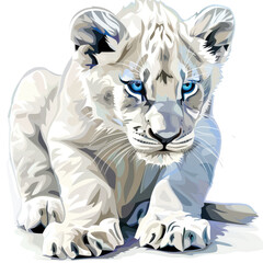 Fototapeta premium White Lion Cub with Striking Blue Eyes in a Playful Pose