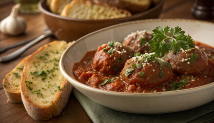 Meatballs in tomato sauce with garlic bread